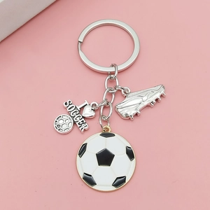 Detail of soccer keychain with football pendant, sports shoe charm and I Love Soccer tag