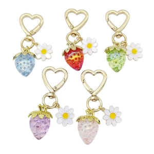 Porte-clés Doux Fruits Fraise Citron Abeille Marguerite Cœur pour Femmes Résine Métal Bijou de Sac Fruits Cadeau Bijoux Anneau Ressort Or