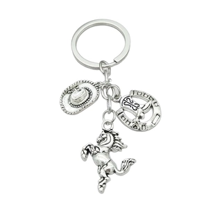 Vintage silver western cowboy hat and horseshoe keychain with horse charm pendant