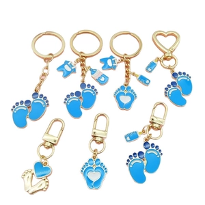 Baby Thema Legering Metaal Sleutelhanger Blauw Goud Email Zuigfles Voetafdruk Babykleding Hart Sleutelring Kraamcadeau