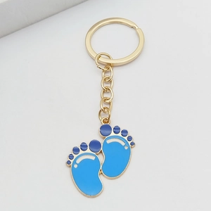 Cute blue footprint alloy enamel keychain with golden links for baby themed accessory