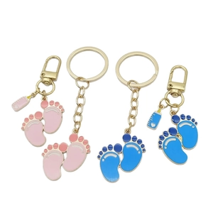 Alloy Baby Footprint And Bottle Keychain Pendant Pink Blue Drip Oil Enamel Heart Pattern Bag Charm For Women Gift