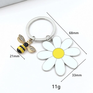 Creative sunflower and bee keychain with sparkling rhinestones and silver metal rings