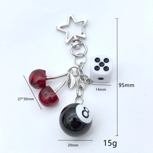 Fashion cherry resin keychain with billiards black 8 ball and dice charm on star clasp