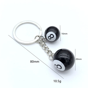 Detail of Black 8 billiard keychain showing 80mm total length and 20mm resin ball size