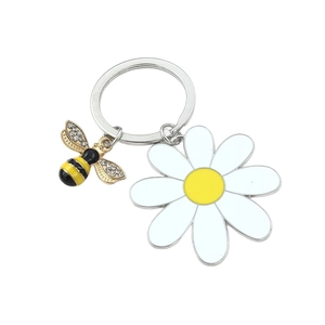 Creative Alloy Sunflower And Bee Keychain Rhinestone Enamel Flower Bag Charm Pendant Key Ring Jewelry For Women Girls