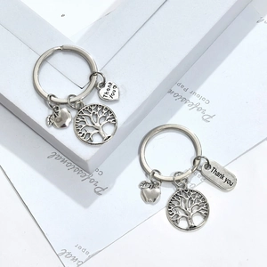 Porte-clés arbre de vie argenté avec pomme et breloque Thank You pour cadeau prof