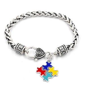 Bracelet Puzzle de Sensibilisation à l'Autisme Vintage Argent Antique Alliage Émail Strass Cœur Croix Charme Chaîne Spiga Bijoux Femme