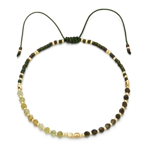 Handmade Miyuki bead bracelet with natural gemstones and adjustable green woven cord