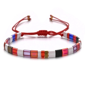 Handmade MIYUKI seed bead bracelet with colorful geometric blocks and red woven cord
