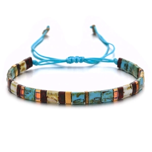 Colorful MIYUKI glass bead bracelet with bohemian patterns and blue woven cord