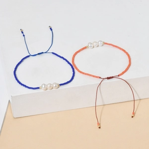 Bohemian handmade beaded bracelet set with freshwater pearls and adjustable drawstring