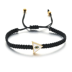 Handmade black woven rope bracelet with golden triangle evil eye pendant charm