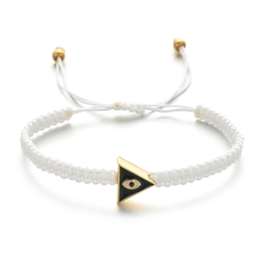 Close-up of white woven rope bracelet with gold-framed evil eye triangle pendant