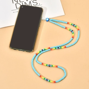 Y2K bunte Handy-Handgelenkschlaufe aus weichem Ton mit Regenbogenperlen und Evil Eye