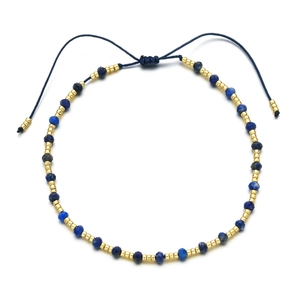 Handmade Miyuki seed bead and natural stone faceted bracelet with adjustable blue cord