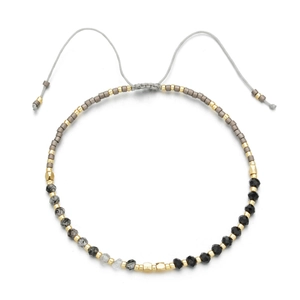 Handmade MIYUKI bead bracelet with grey drawstring cord and natural stone accents