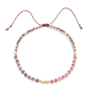 Minimalist MIYUKI seed bead bracelet with purple and pink facets and adjustable cord