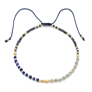 Deep blue MIYUKI bead bracelet with woven cord and adjustable pull-string closure