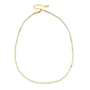 Detail of beaded necklace with gold miyuki beads and faceted natural stones on lobster clasp