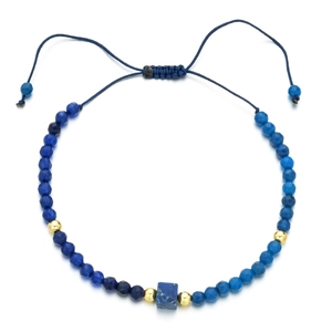 Bohemian 4mm blue natural stone beaded bracelet with adjustable woven strap and gold beads