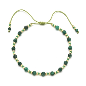 Bohemian 4mm faceted green stone beaded bracelet with adjustable green woven cord