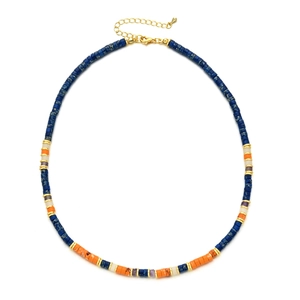 French vintage colorful natural stone necklace with gold spacers and blue beads