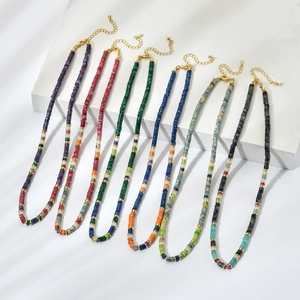 French Retro Natural Stone Heishi Bead Necklace For Women Ethnic Style Gold Plated Spacer Beaded Choker Adjustable Chain Bohemian Jewelry