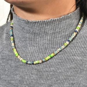 French vintage colorful natural stone beaded necklace with golden spacers for women