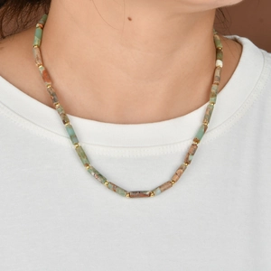 French vintage style beaded necklace with blue natural stone cylinders and gold beads