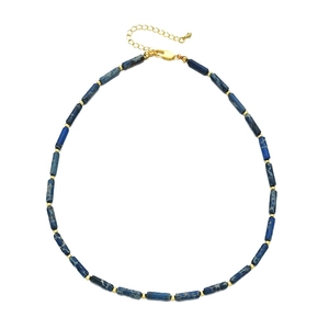 French vintage style blue imperial stone bamboo bead necklace with gold metal accents