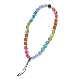 Detailed shot of rainbow crystal cube phone strap with multi-color beads and silver spacers