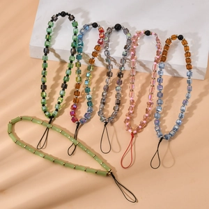Crystal Beaded Phone Chain Fashion Colorful Square Beads Butterfly Bamboo Joint Anti-Lost Lanyard For Women Mobile Phone Decoration Accessories