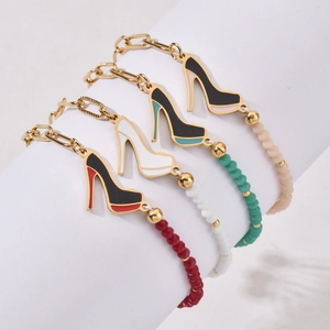 Stainless Steel Asymmetrical Bracelet For Women Gold Paperclip Chain Colored Beads High Heel Shoe Charm Enamel Fashion Jewelry