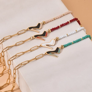 Fashion gold paperclip chain bracelets with colorful beads and high heel shoe charms