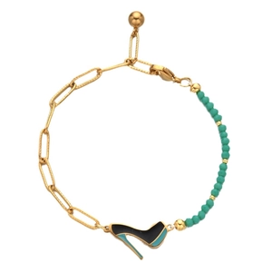 Fashion gold paperclip chain bracelet with teal beads and high heel shoe charm