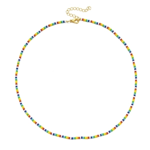 Detail of colorful rainbow seed bead necklace with gold lobster clasp and chain