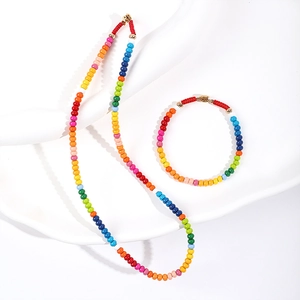 Rainbow enamel beaded necklace and bracelet set with red woven cord and gold clasp