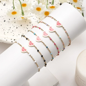 Roestvrij Stalen Hart Hanger Armband Voor Vrouwen Verguld Emaille Liefde Letters Gekleurde Kralen Valentijnsdag Sieraden