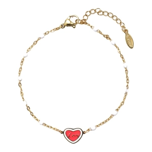 Gouden roestvrijstalen armband met rode hart hanger Love en witte kralen details