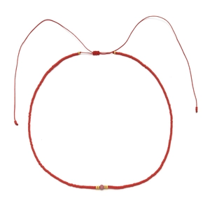 Handmade red seed bead necklace with gold spacers and adjustable drawstring closure