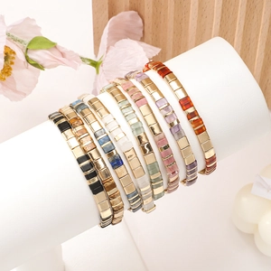 Vintage Ethnic Style Tila Bead Bracelet Glass Tile Bead Elastic Stackable Bracelet For Men Women Bohemian Handmade Jewelry Gift