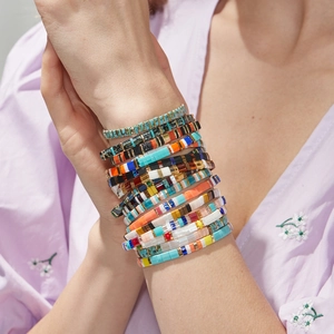 Bohemian Tila bead stretch bracelets set with colorful enamel mosaic patterns for women