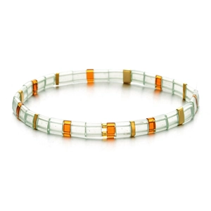 Détails du bracelet bohème en perles Tila avec des perles vertes, orange et dorées