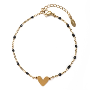 Bracciale a cuore in acciaio inossidabile dorato con eleganti perline nere su sfondo bianco