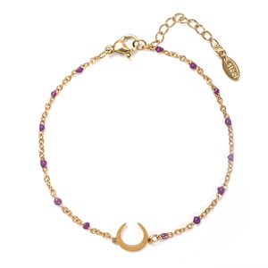Detail of gold stainless steel moon bracelet with purple enamel beads and lobster clasp