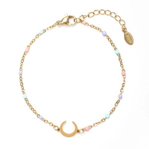 Detailed macro view of gold stainless steel bracelet with moon charm and colorful beads