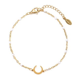 Detailed macro view of the golden stainless steel moon bracelet with white beads and clasp