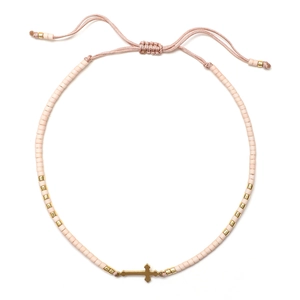 Pulsera bohemia de cuentas rosas con colgante de cruz dorada y cordón ajustable