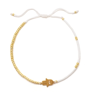 Gold plated Hamsa hand beaded bracelet with white rice beads and adjustable cord